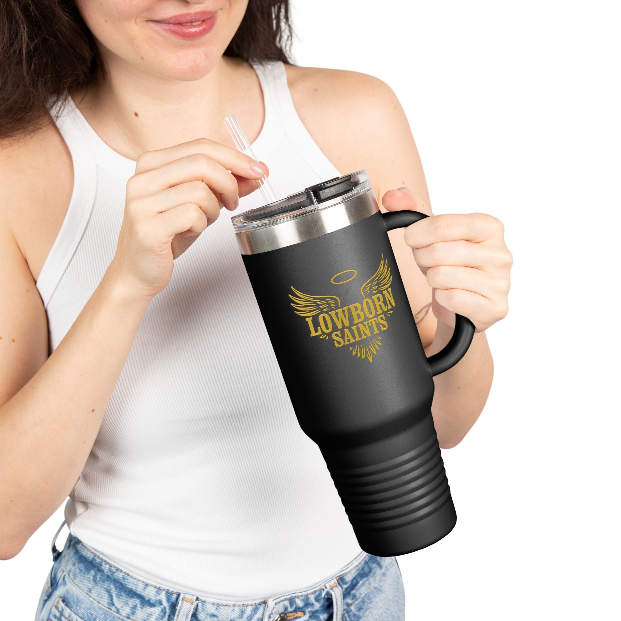 Lowborn Saints 40oz Insulated Travel Mug — Large Stainless Steel Tumbler with Lid & Straw